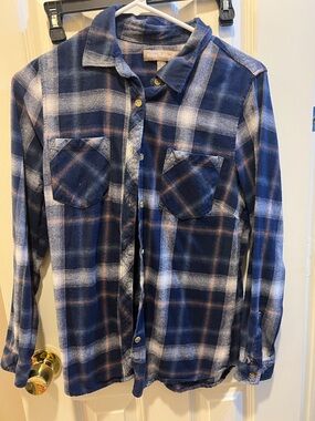 Women’s Navy Plaid Button-Down Shirt with Chest Pockets
